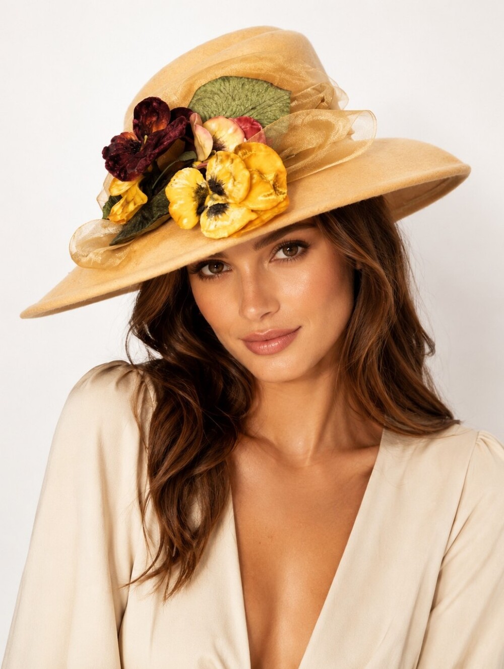 Vintage Floral Wide Brim Felt Hat Gold Pansy Flowers Organza  Church Hat N#W